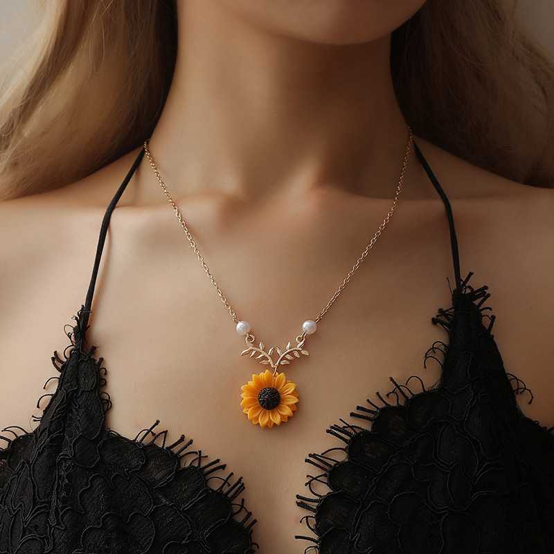 2pcs set Sunflower Necklace Choker Leaf Pearl Pendant Beauty