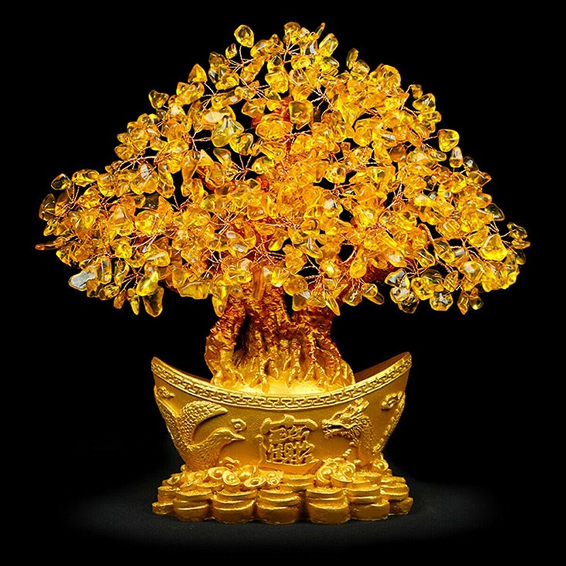 Yellow Feng Shui Crystal Gem Stones Fortune Money Tree Decor Wealth ...