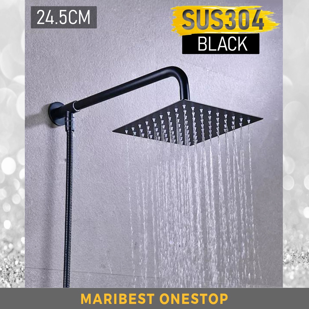 Black Shower Head Stainless Steel 360 Degree Rainfall Showerhead Square