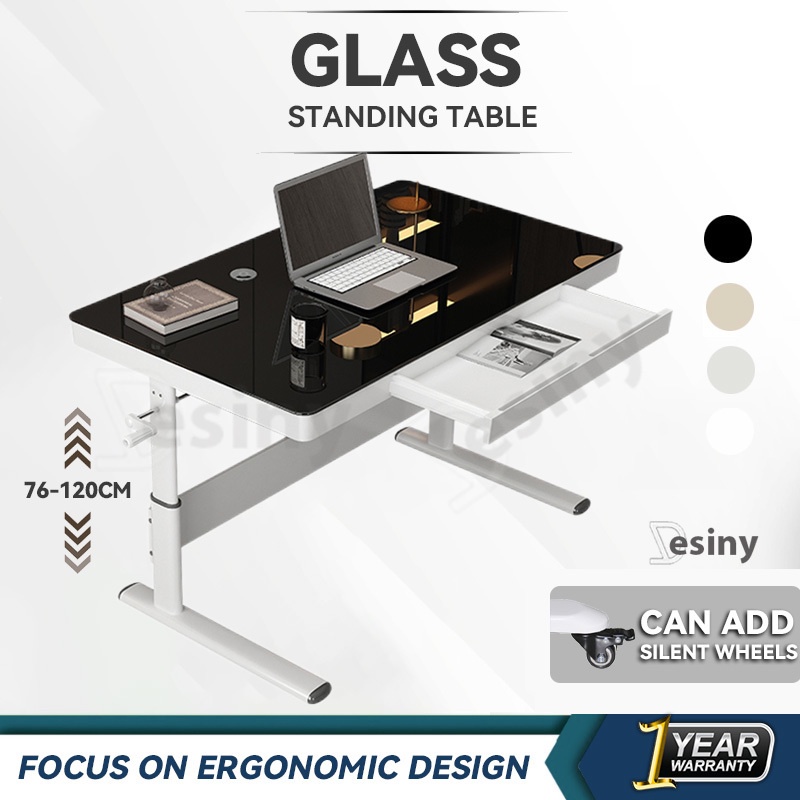 Table Desiny Glass 80Cm Study Adjustable Table With Drawer Standing ...