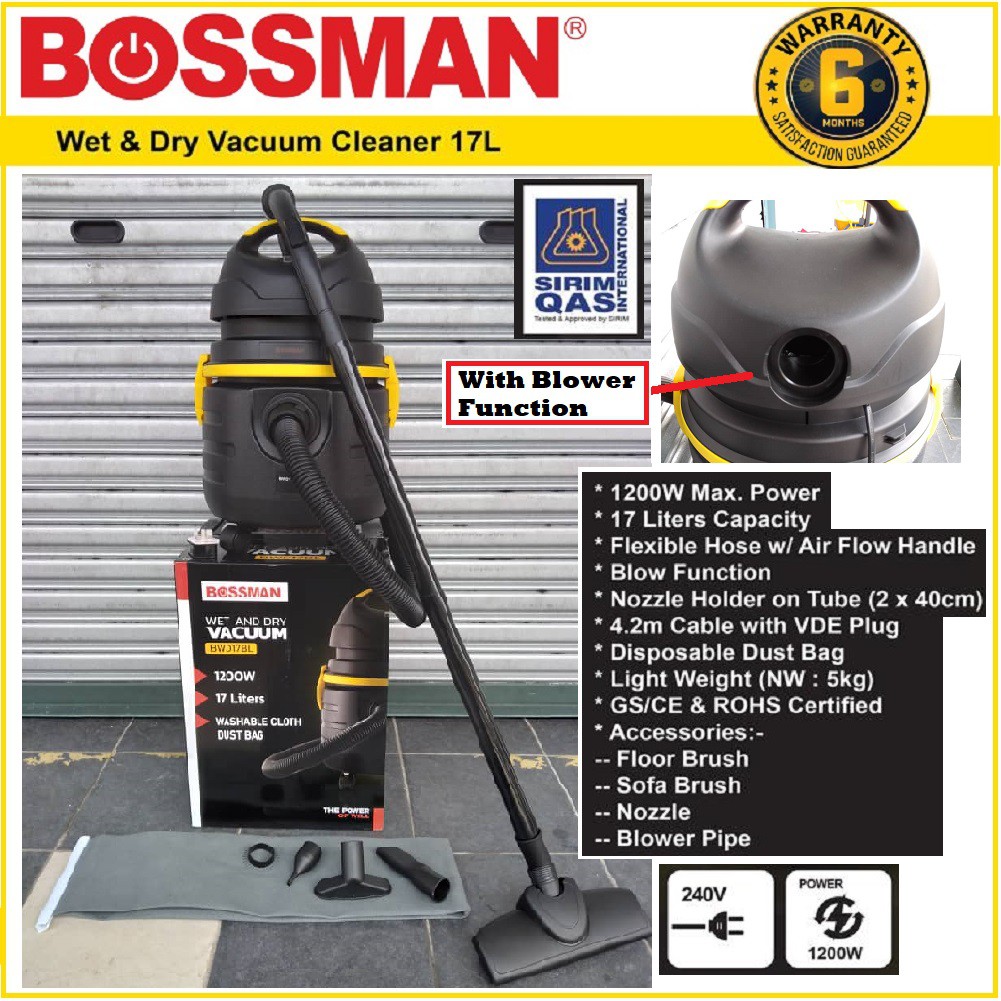 BOSSMAN Wet & Dry Vacuum Cleaner 17Litre 1200Watt with Blower Function ...