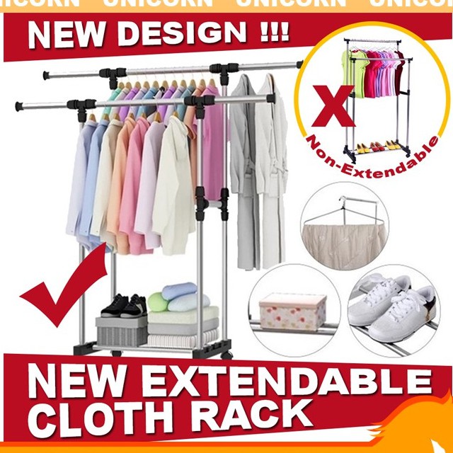 Double Pole Adjustable Stainless Steel Cloth Hanger Rack | Rak Besi ...