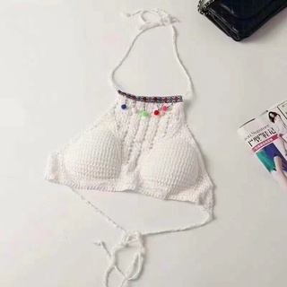 INS Fashion Female Crochet Halter Sexy Tassels Bikini Camis Summer Beach  Padded Crop Tops Tank Bra