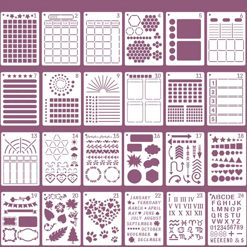 T11. (24 DESIGNS) BULLET JOURNAL 1 SOFT TEMPLATE STENCIL DRAWING ...