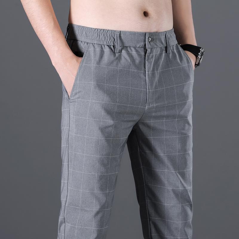 Elastic Waist Stretch Slim Fit Ice Silk Plaid Suit Pants Men Cargo