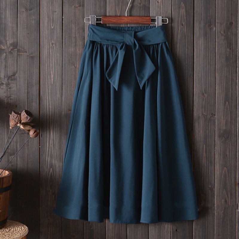 Elegant Women Vintage High Waist Pleated Knee Length Big Bow Skirts