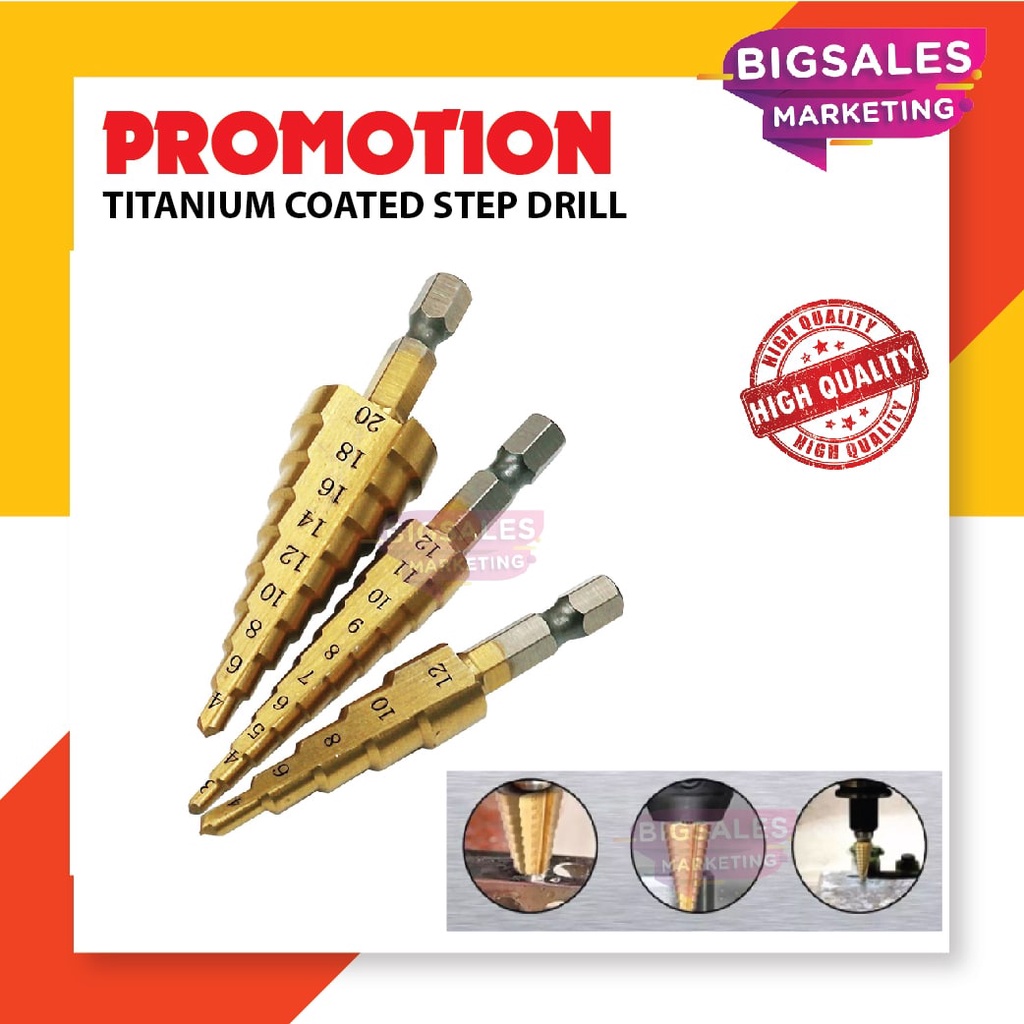BIGSALES Hex Shank HSS Drill Bit Titanium Coated Cone Step Drill Bit