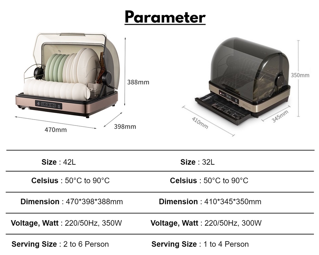 42L UV Light Sterilize Dish Drainer Dryer Machine Rack 90°C Hot Air