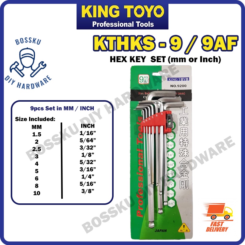 King Toyo KTHKS-9 9AF Hex Key Allen Key (9pcs) Set Size in MM or INCH ...