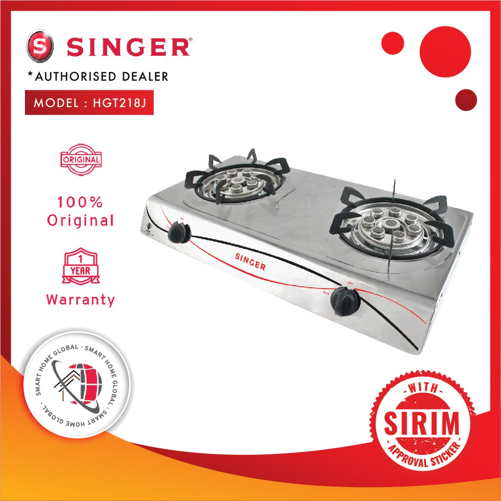 Singer HGT218J Stainless Steel Double Burner Gas Cooker 8 Jet burner