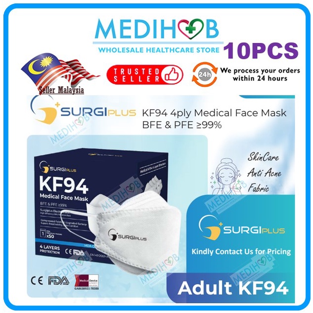 Original Surgiplus Medical Grade 4 Ply KF94 (WHITE) Face Mask 10PCS