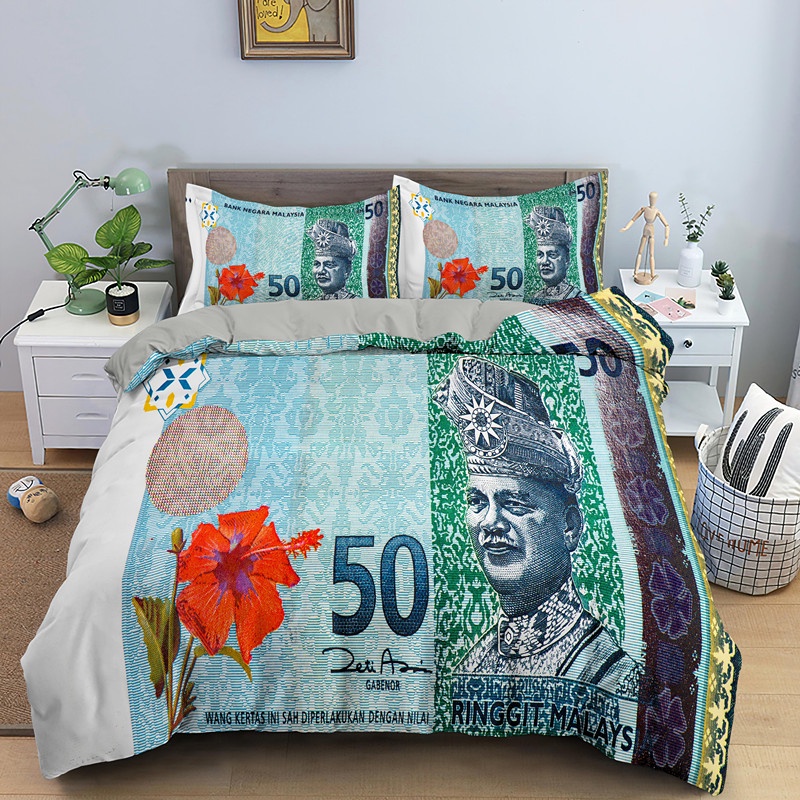 READY STOCK 3D Money Bedding Set Duvet Cover with Pillowcase 2/3pcs