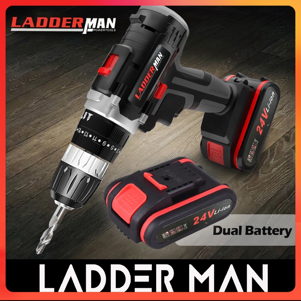 Ladderman Black Ldm 24v2li Cordless Impact Driver Drill 3 Operation Mode With 2pcs Batteries