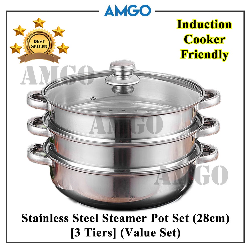 AMGO 28cm 2 Tiers Multipurpose Stainless Steel Steam Steamer Pot Set ...