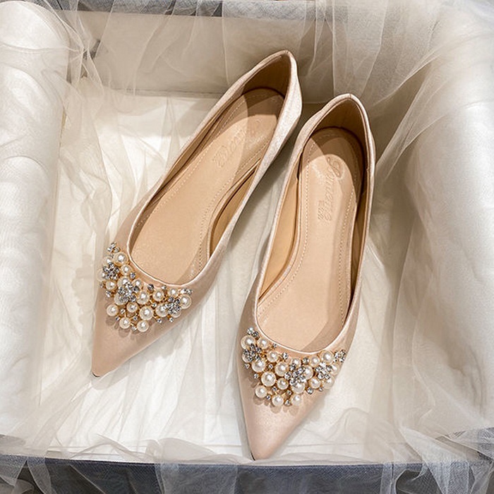 Wedding Shoes Women Bridal Shoes Satin Pearl Rhinestone Pointed Toe Flats Shoes Bridesmaid shoes Shallow Mouth Plus Size Flat Shoes Size 33 44 Shopee Malaysia