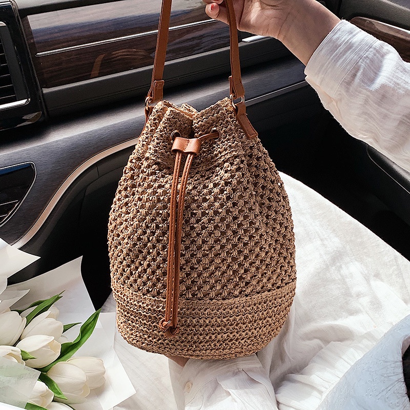 Woven Straw Bag Bucket Crossbody Bag Summer Beach Retro Travel Shoulder