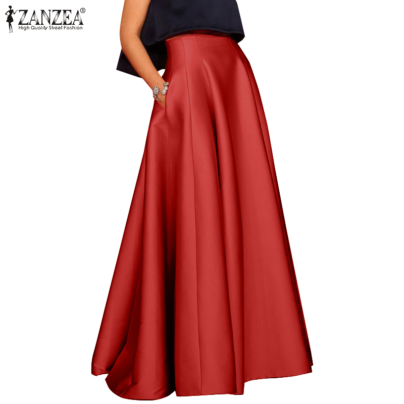 ZANZEA Women Casual Collect Waist Zipper Solid Swing Maxi Skirts ...