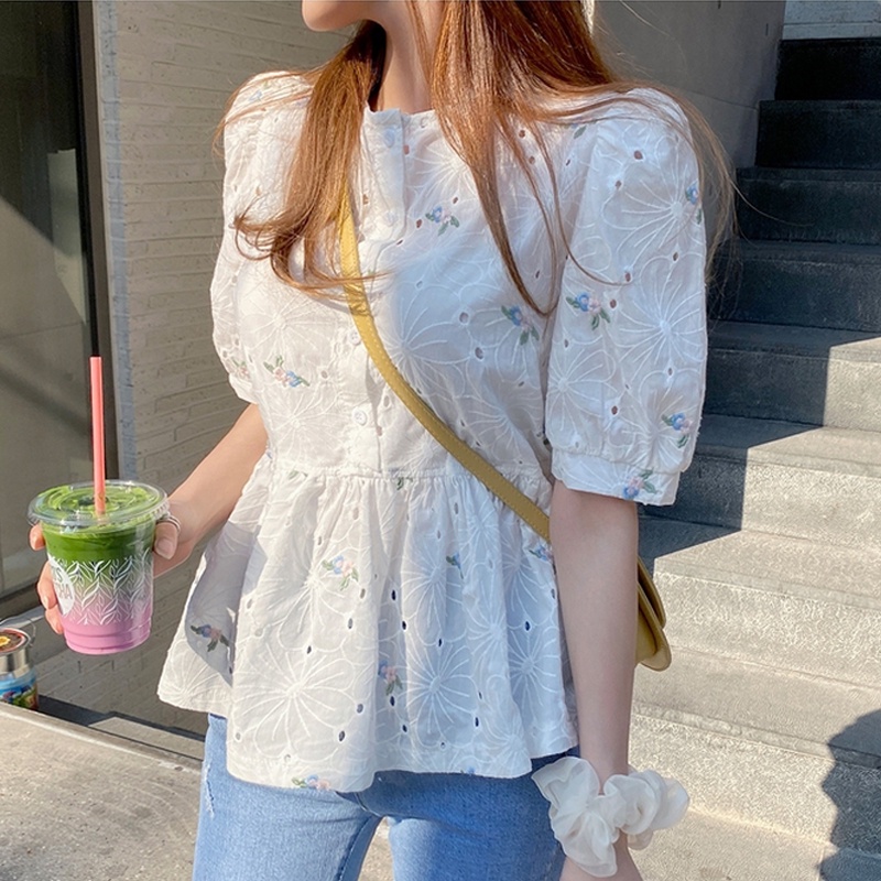 Korean Chic Puff sleeve embroidery top Summer Ruffles Women blouse ...