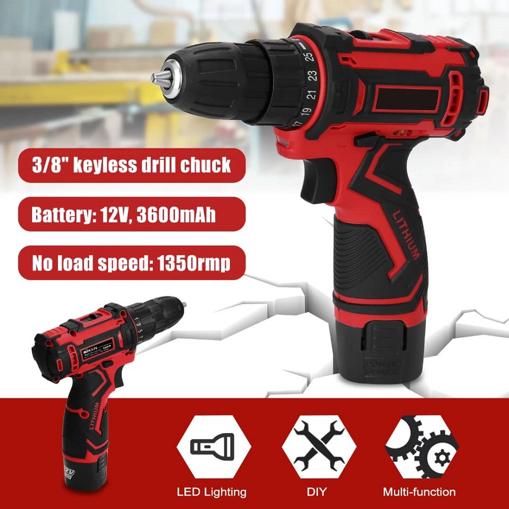 12V Electric Drill Impact Drill Screwdriver Cordless Drill Set (2