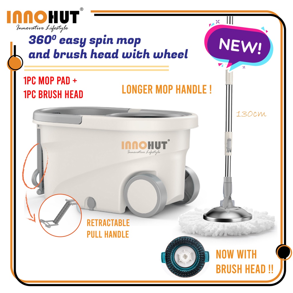 Innohut 360° Spin Mop Set Wheel Bucket Microfiber Mop Floor Brush ...