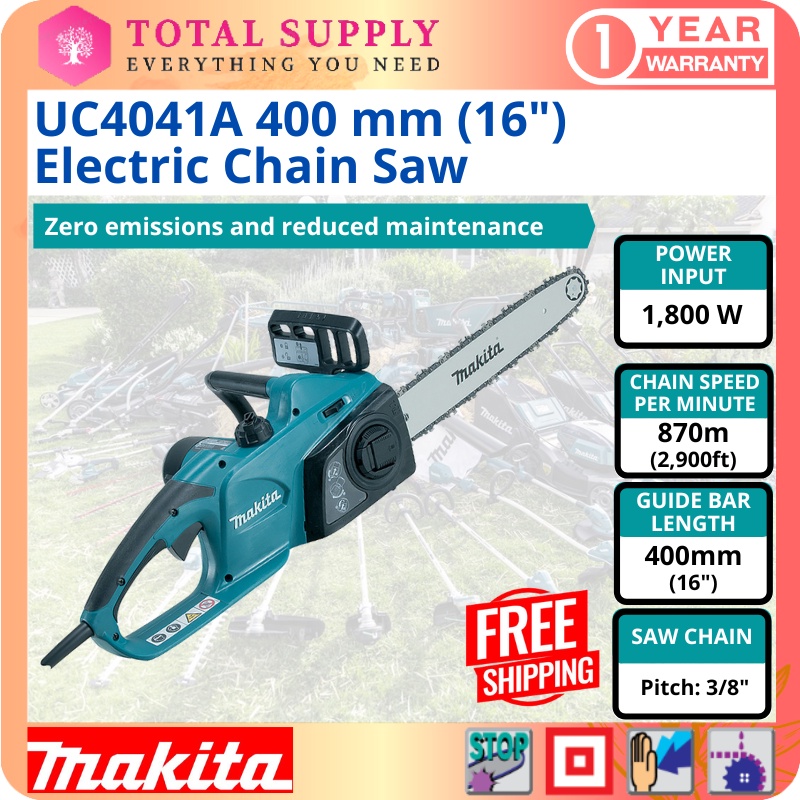 Makita UC4041A (UC4020A) 16" Electric Chain Saw – 1800W, 220V, Corded, W/ Guide Bar, Chain Oil, 9.7lb