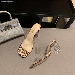 Women's Leopard Print Sandals, Transparent Mid Heels, Crystal Thick High  Heels, European And American Style, Open Toe Slippers