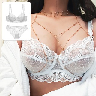 French Ultra Thin Lace Transparent Bra And Panty Set 3/4 Cup