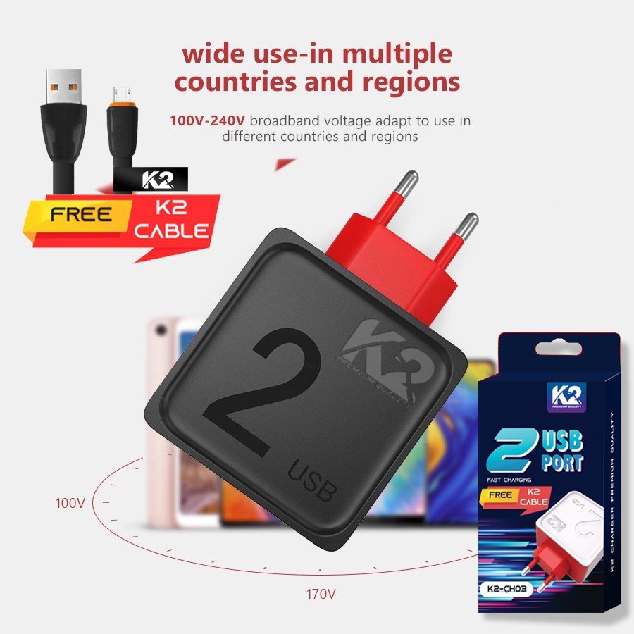 Travel Adapter Shell Charger K2CH03 Fast Charging 2.4A 2 Ports USB ...