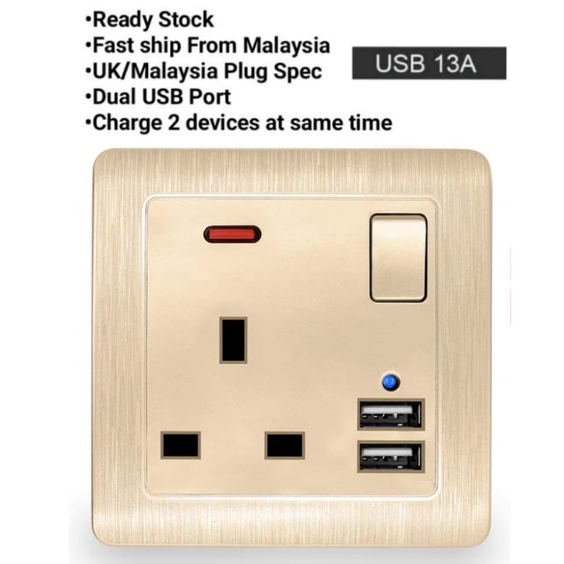 Gold Colour USB Wall Socket Switch AC / DC Charger Plug Power Adapter ...