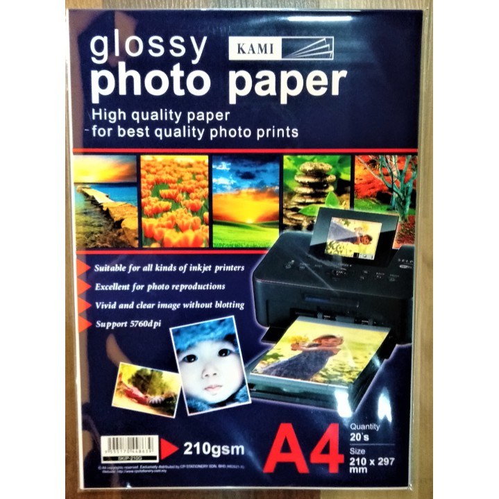 KAMI GLOSSY PHOTO PAPER / INKJET PAPER A4 210G 20'S | Shopee Malaysia