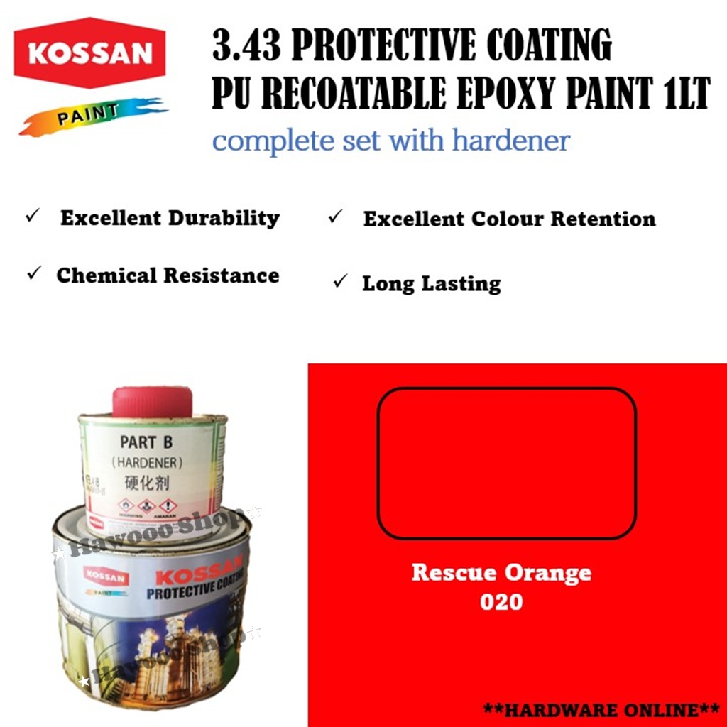 (RESCUE ORANGE) 1LT KOSSAN PAINT PU PAINT EPOXY PU 3.43 FOR METAL/FLOOR