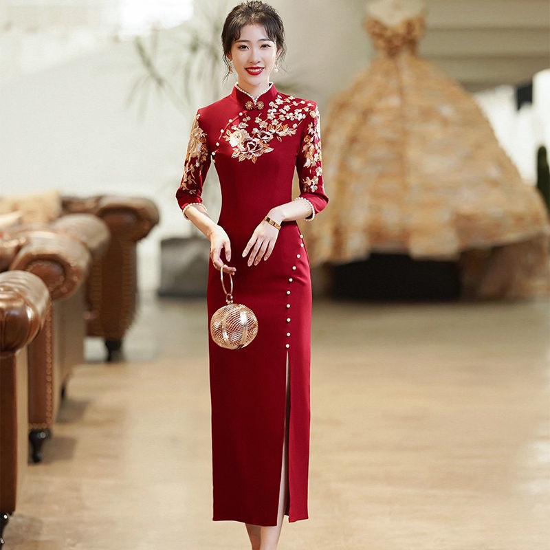 Cheongsam Plus Size chinese New Year Clothes,Spring Festival  Clothing,Cheongsam,Hanfu,tang Suit,Ready StockToast Dress Bride Chinese  Style2022New Wine Red Long Cheongsam Elegant Dress Wedding ...