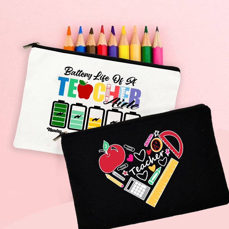 Teacher Theme Pattern Canvas Pouch Pencil Cases Travel Toiletry Storage ...