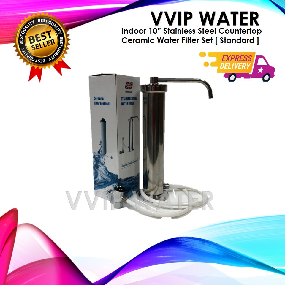 Indoor 10” Stainless Steel Countertop Ceramic Water Filter Set