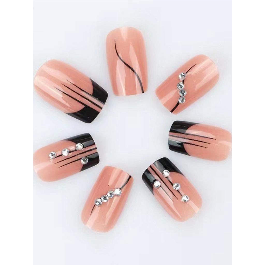 24pcs Glossy Medium Rectangular Fake Nails, Striped Three-Dimensional ...