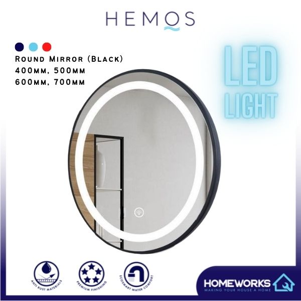 400/500/600/700MM LED LIGHT WALL MOUNTED ROUND MIRROR BLACK LAMPU