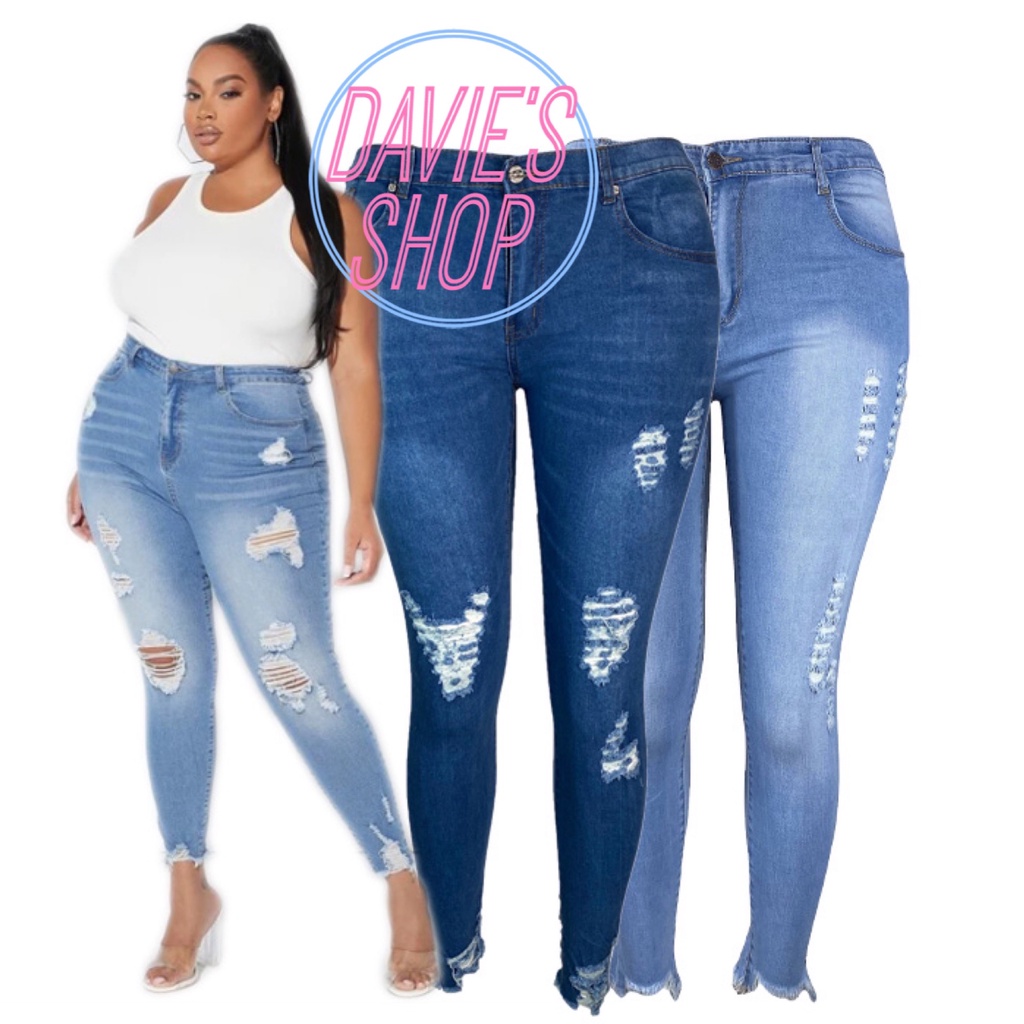 Super Sexy PLUS SIZE Stretchable Cropped Jeans High Waist Ripped Jeans ...