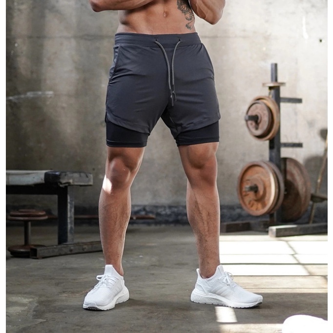 LOVE4U Men Double layer Running Shorts Quick Dry Gym Fitness Jogging