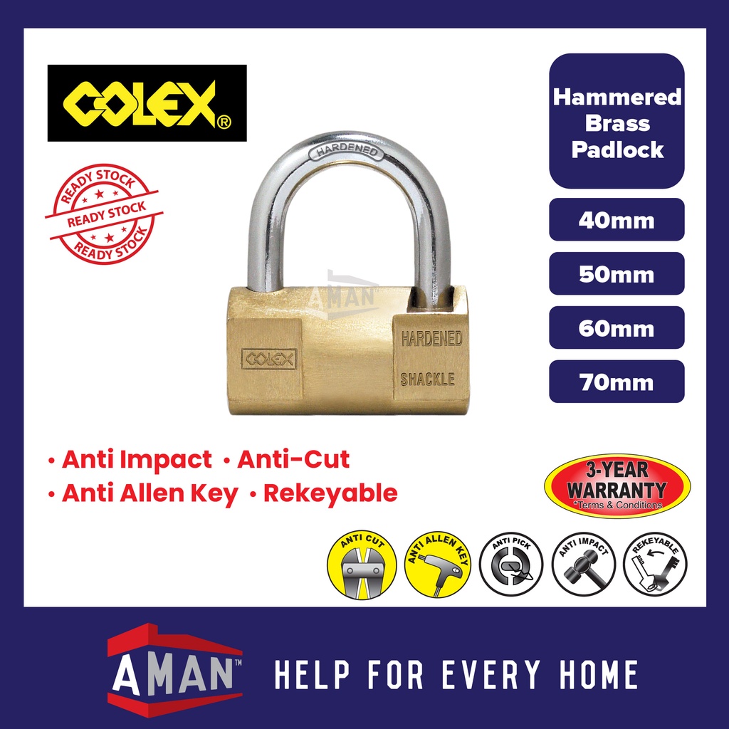 COLEX 60mm 70mm Key Retain Hammered Solid Brass Padlock High Security ...