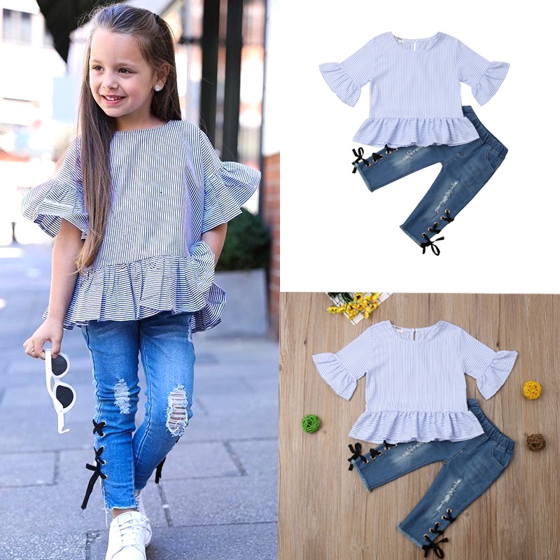 ♛loveyourself1♛-Baby Girl's Casual Outfit Sets Newest Cool Baby Girl Spring Summer  Clothing Light Blue Striped Ruffled Top + Holes Ripped Jean 2PCS