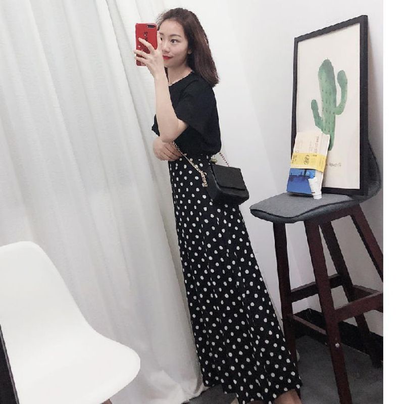 All Match Korean Fashion Slim Polka Dot Elastic Waist Casual Women