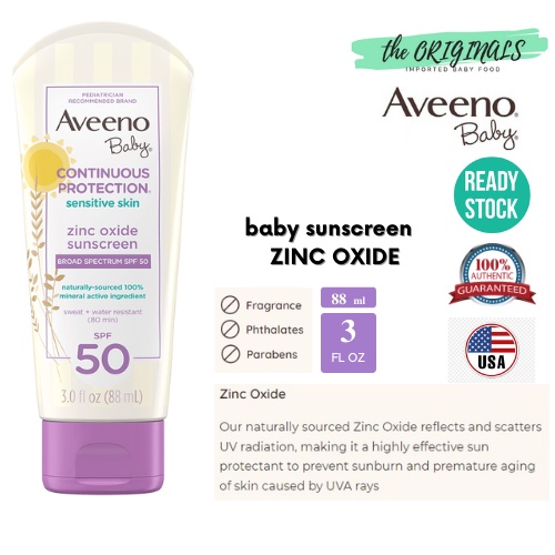 (READY STOCK) AVEENO BABY, Zinc Oxide Sunscreen, SPF 50, 88 ml Shopee