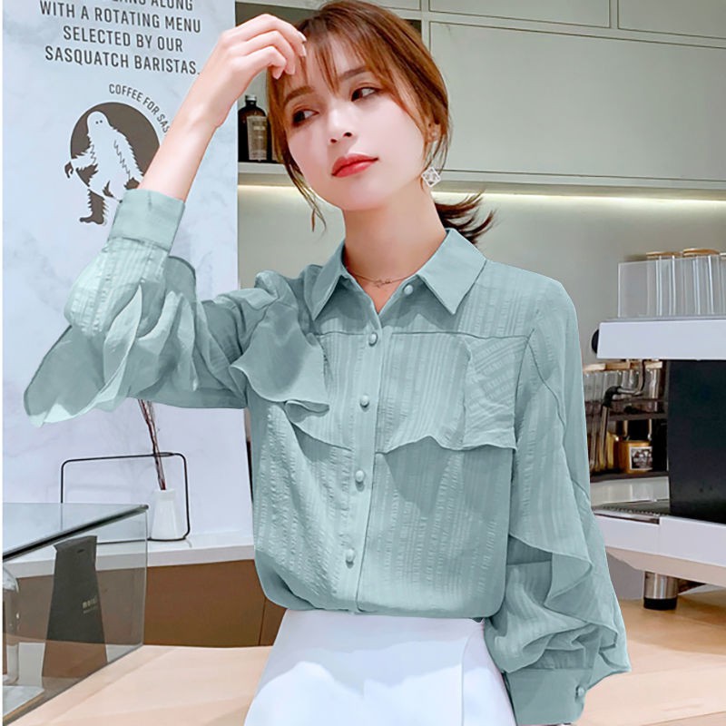 Women Korean Fashion Loose Cotton Linen Long Sleeves Shirt Casual Tops  Blouse