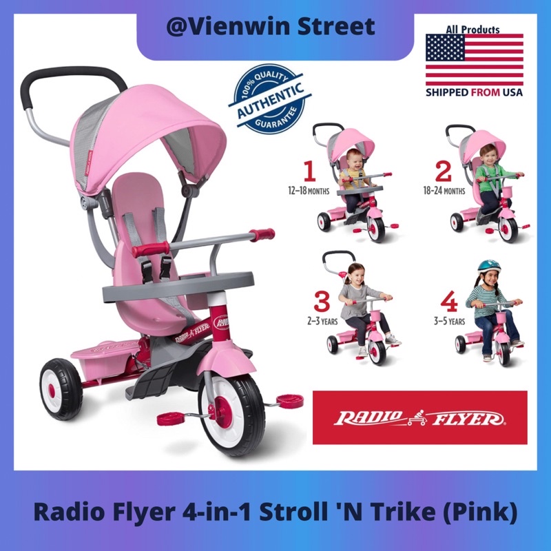 Radio Flyer 4-in-1 Stroll 'N Trike, rosafarbenes Dreirad für Kleinkinder von 1–5 Jahren