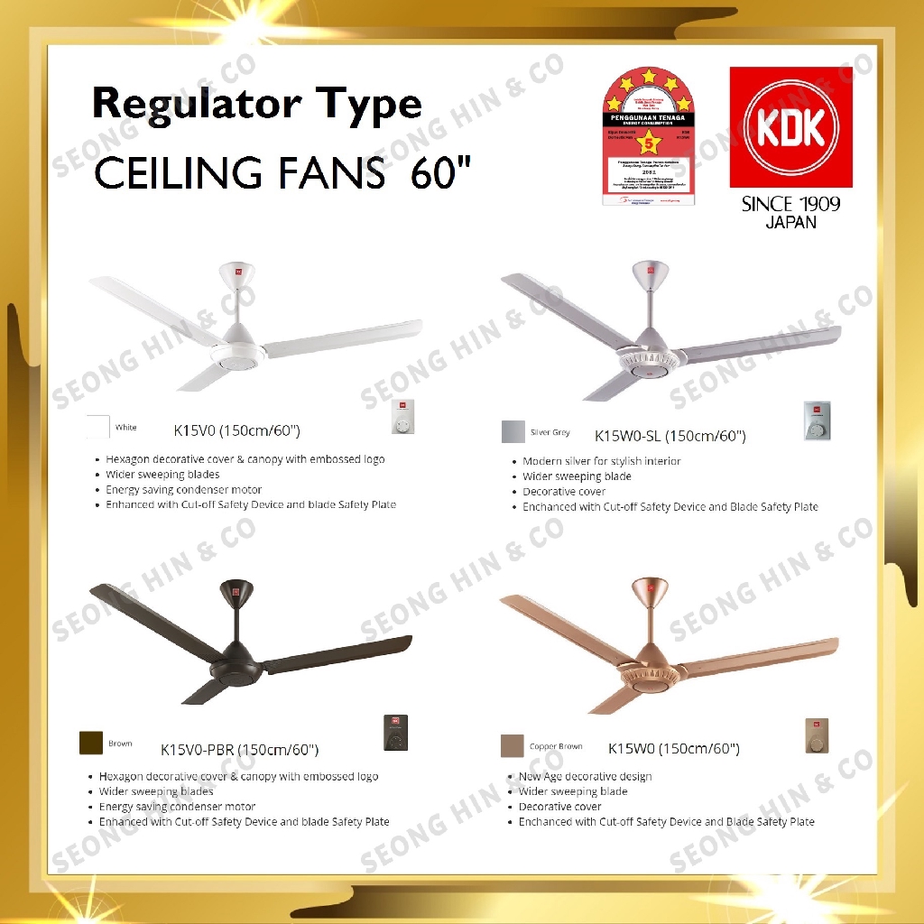 KDK 60" REGULATOR TYPE CEILING FAN K15V0 , K15W0 / KIPAS SILING WHITE