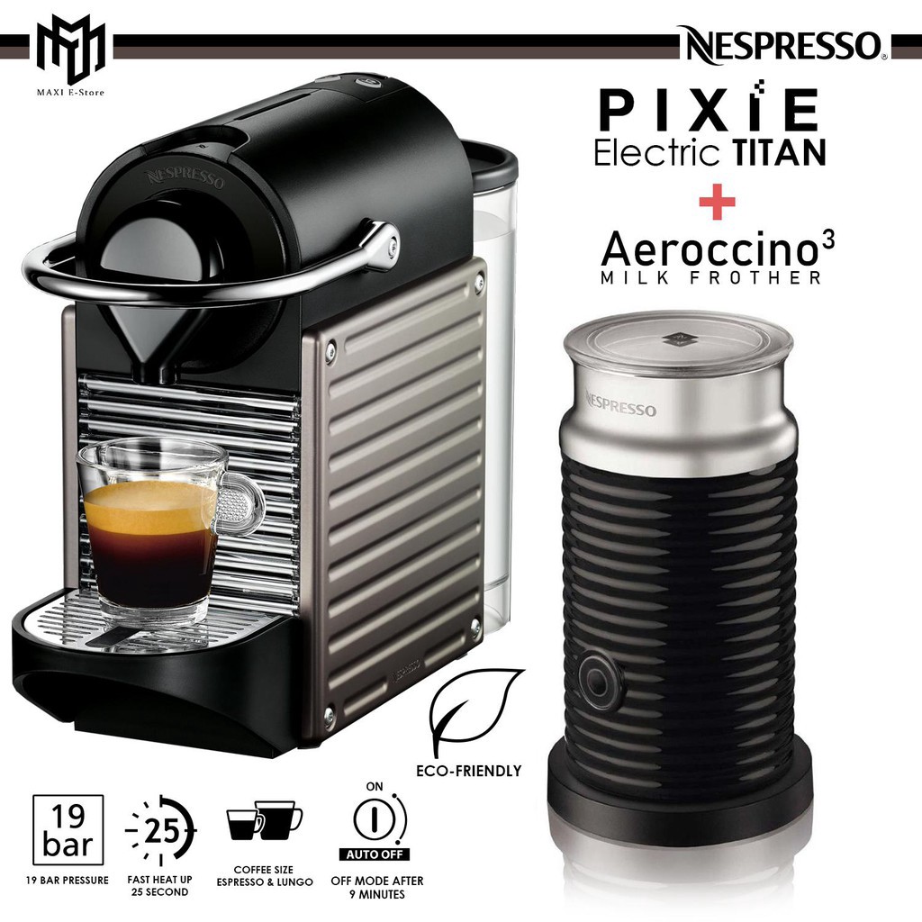 Nespresso Pixie Electric Titan Coffee Machine/Aeroccino 3 C61METINE