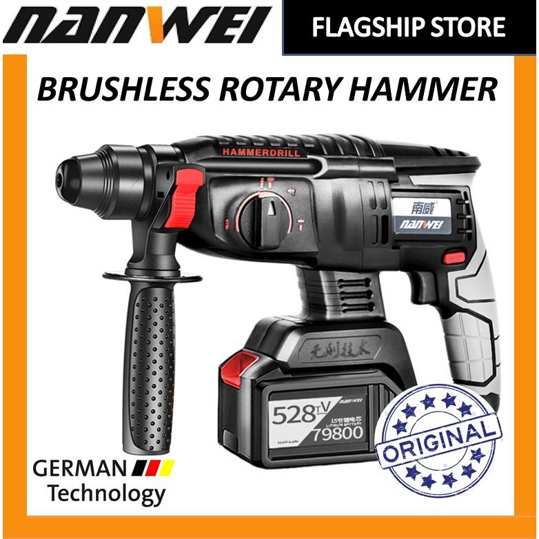 NANWEI 528TV HEAVY DUTY BRUSHLESS ROTARY HAMMER Drill 26mm 3 Mode Impac ...