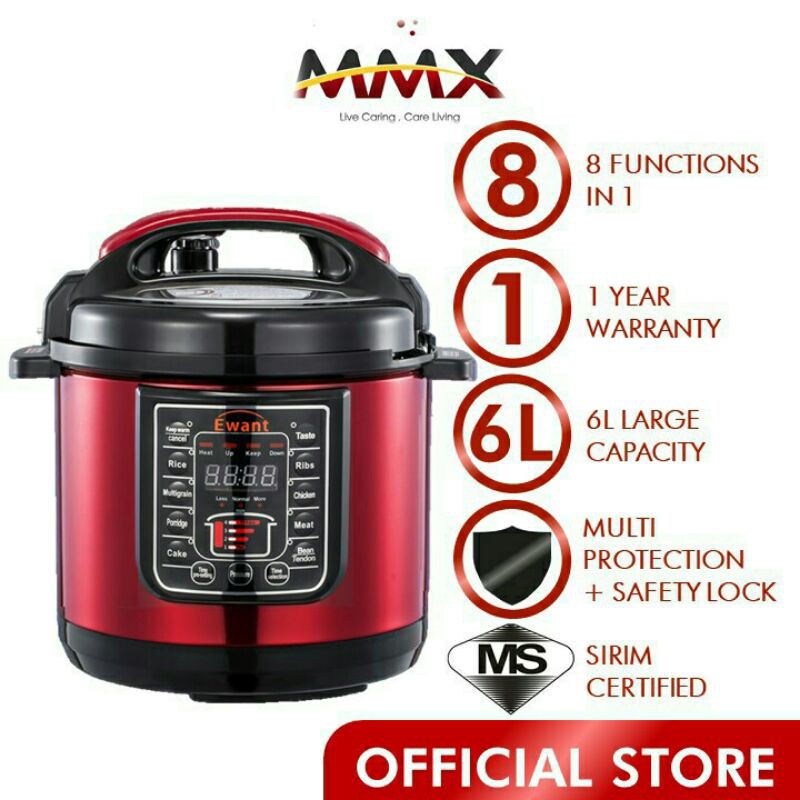 MMX Ewant 8 in 1 Multi Function Electric Pressure Cooker Red Stainless Steel Pot 6L MMXYBD6 100R