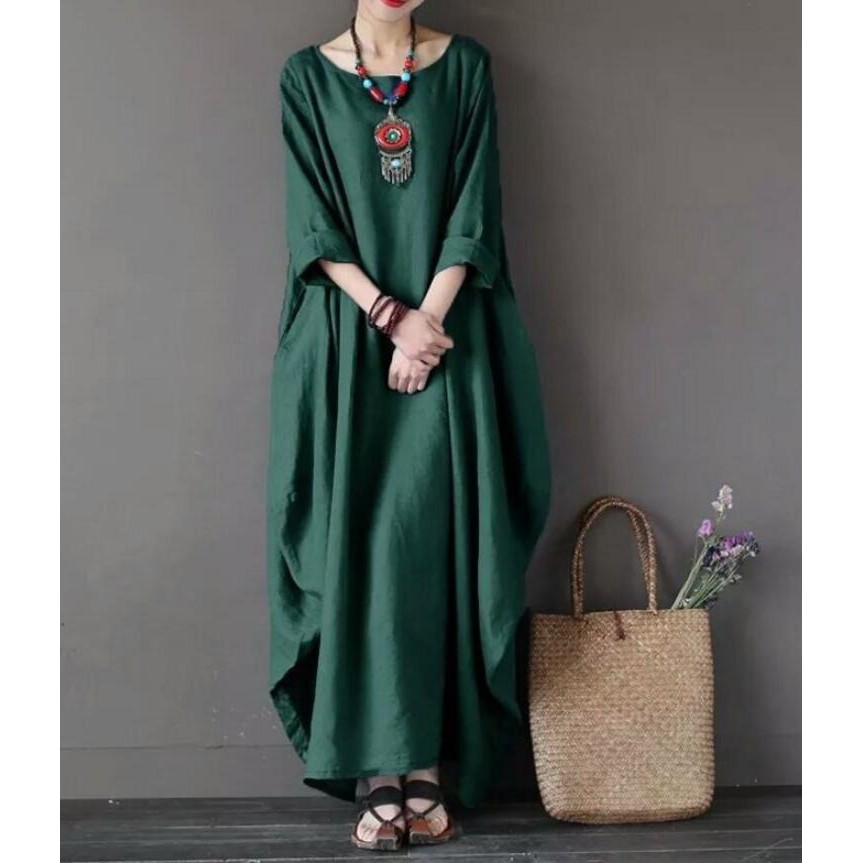 🔥women female Loose Maxi Dress Plus Size Boho Beach Crew Neck Linen Casual  Solid Color Baggy Long Maxi Dress ZANZEA🔥