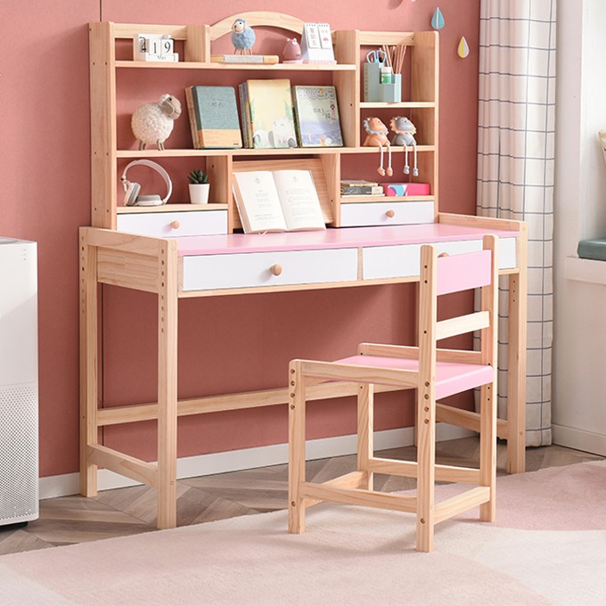Solid wood learning table children's desk bookcase combination of